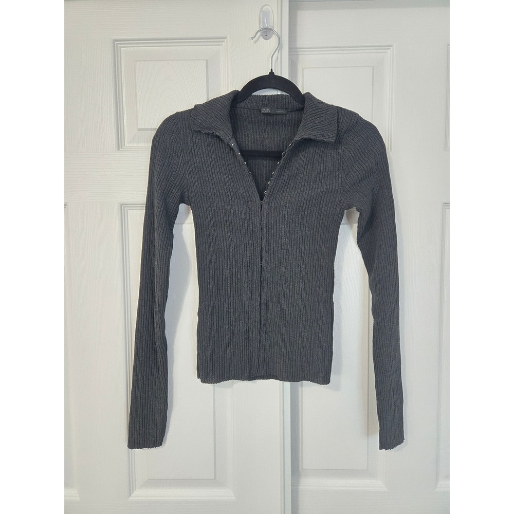 Zara Womens Small Charcoal Grey Ribbed Hook and Eye Collared Long Sleeve Top